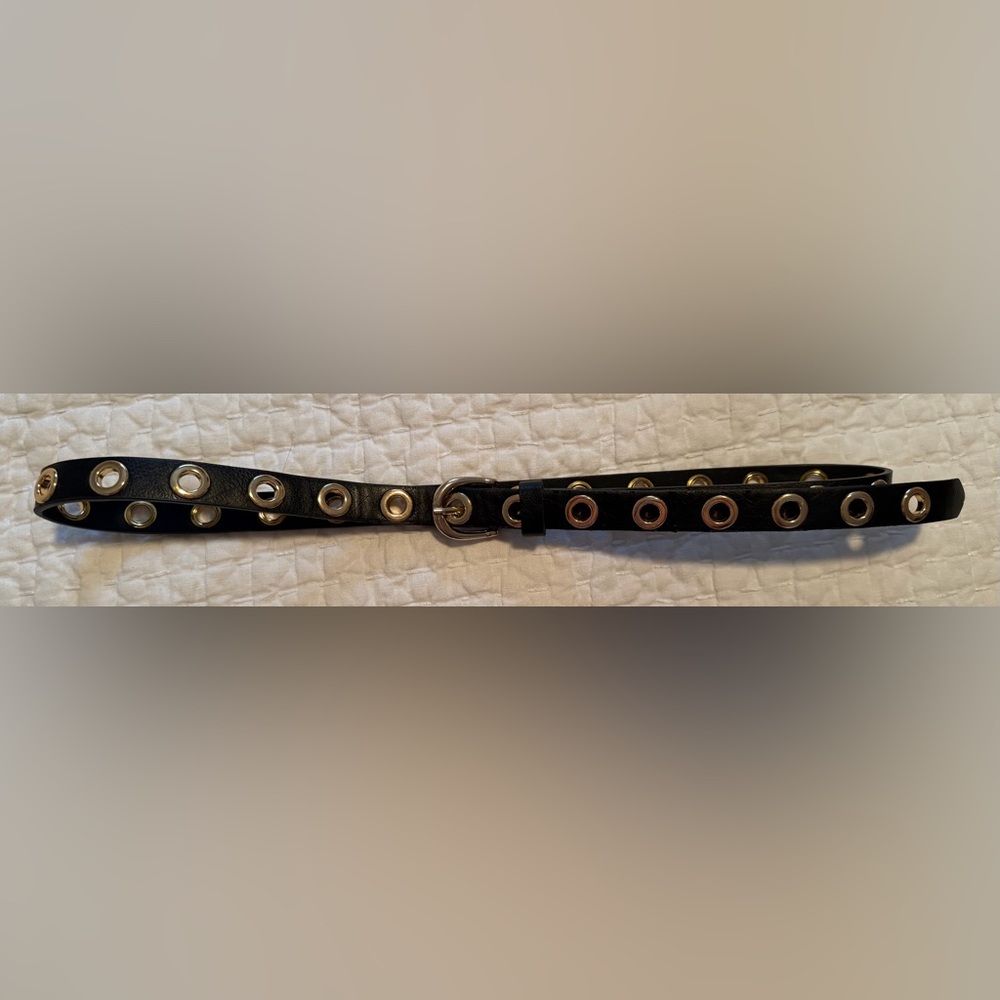 Black faux Leather Grommet Belt with gold Buckle - Women Accessories